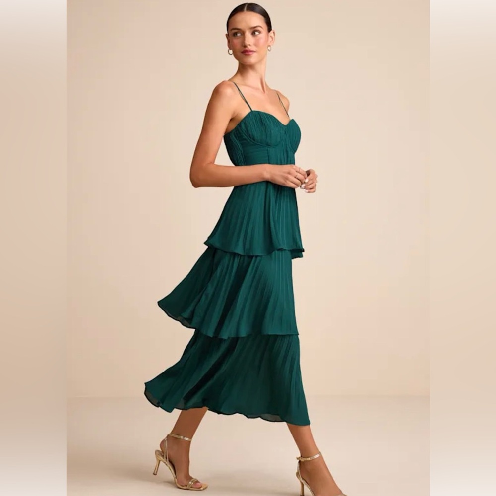 Lulus Cascading Crush Emerald Green Tiered Bustier Midi Dress